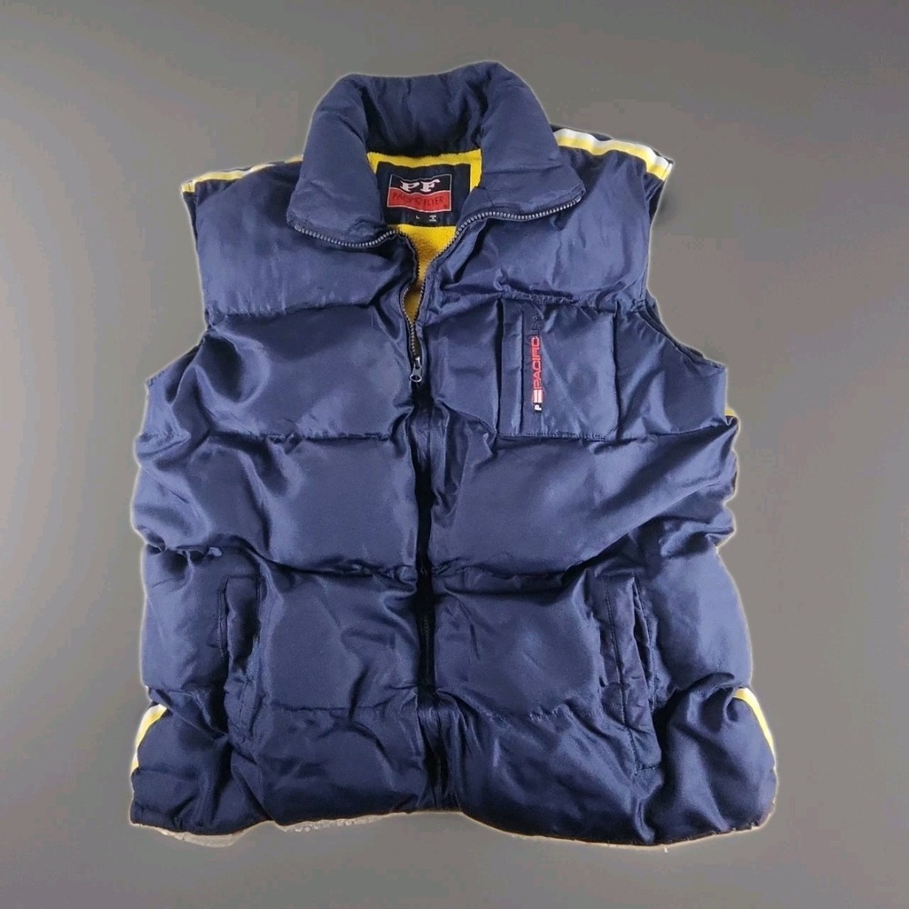 Vintage Pacific Flyer Mens Puffer Vest Large Navy Yellow Fleece Lined Y2K Street